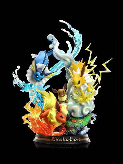 💧⚡🔥 10,2" Eeve, Vaporeon, Jolteon & Flareon Family Professional Pokemon Evolution Figure Set, LED Light 💡 PVC Model Deluxe Collection