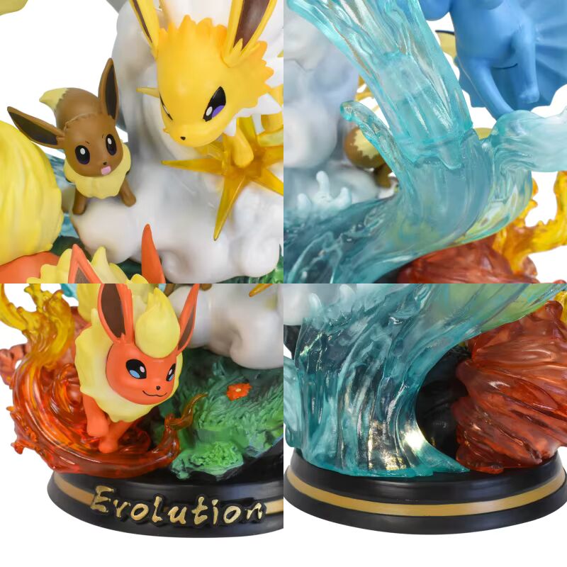 💧⚡🔥 10,2" Eeve, Vaporeon, Jolteon & Flareon Family Professional Pokemon Evolution Figure Set, LED Light 💡 PVC Model Deluxe Collection