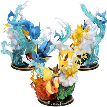 💧⚡🔥 10,2" Eeve, Vaporeon, Jolteon & Flareon Family Professional Pokemon Evolution Figure Set, LED Light 💡 PVC Model Deluxe Collection