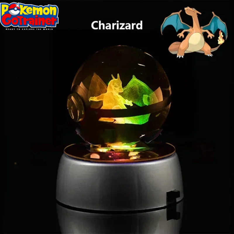 "Charmander 3D Crystal Ball Pokémon Figurine with LED Light Base - Collectible Model Featuring Pikachu and Mewtwo - Ideal Gift for Kids"