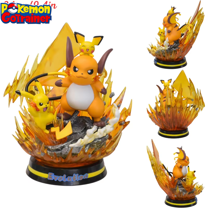 ⚡9,4" Pichu, Pikachu & Raichu Family Professional Pokemon Evolution Figure Set, LED Light 💡 PVC Model Deluxe Collection