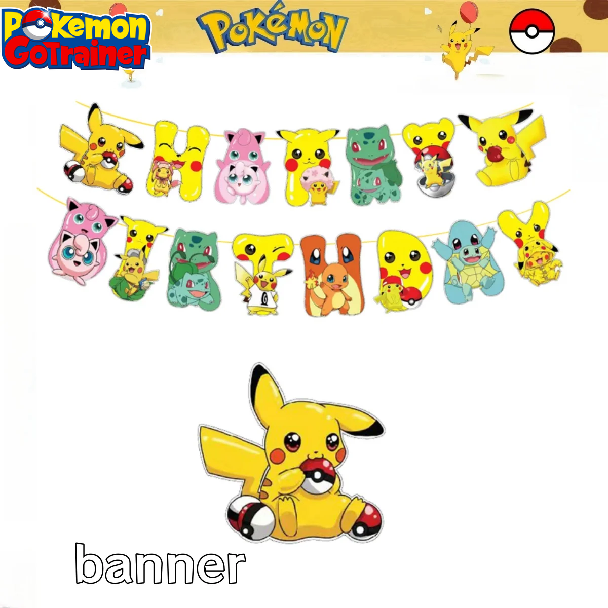 Pokemon Happy Birthday Banner Party Decoration Pikachu Flag Banner Baby Shower Kids Boys Favors Gifts for Party Decor Supplies