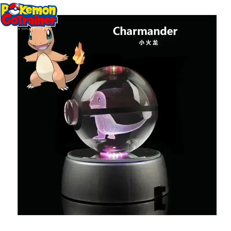 "Charmander 3D Crystal Ball Pokémon Figurine with LED Light Base - Collectible Model Featuring Pikachu and Mewtwo - Ideal Gift for Kids"